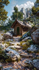 Obraz premium There is a small cabin in the middle of a forest AI generated art