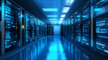 Fototapeta premium Futuristic High-Tech Server Room Showcasing Modern Networking Technology in a Sleek Design with LED Illumination