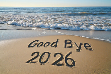 Fototapeta premium Good bye 2026 written on sand with ocean waves New Year concept happy new year generated.AI