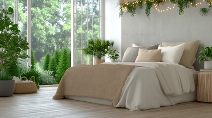 This bedroom features a comfortable bed, wooden flooring, white walls adorned with plants, and glowing fairy lights, offering a serene vibe with a city view