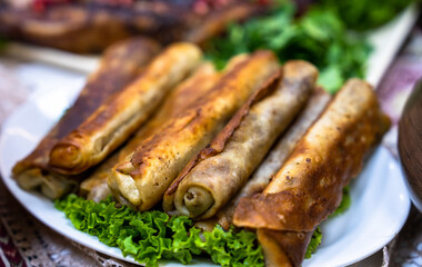 pancakes with meat on the table, restaurant service concept
