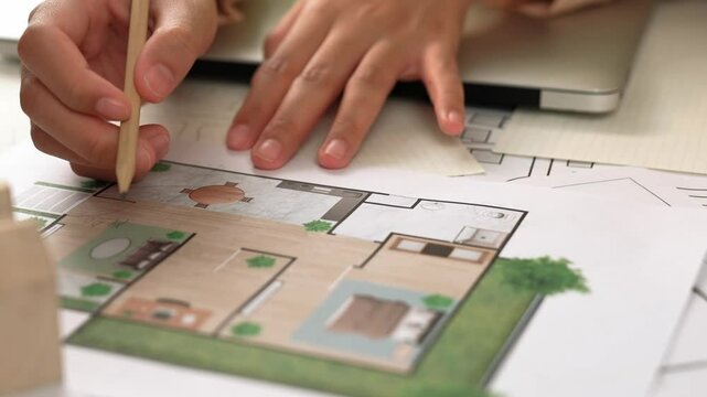 Professional engineer team discussion about house design on meeting table with architectural equipment and building blueprint scatter around at modern office. Focus on hand. Closeup. Delineation.