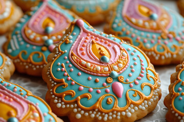 Festive Indian cookies with traditional designs for Diwali, Raksha Bandhan, and Navratri celebrations. Perfect for dessert table decor and holiday recipes.