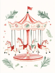 Obraz premium This simple flat illustration of a whimsical carousel with red and green horses captures the playful charm of the holiday season. Perfect for postcard, poster etc