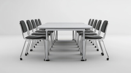 Fototapeta premium modern meeting room setup with sleek tables and chairs arranged symmetrically, creating professional and organized atmosphere. minimalist design emphasizes functionality