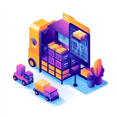 Obraz premium A colorful, modern illustration of delivery trucks and a storage unit displaying digital information about logistics.