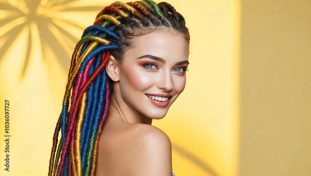 Sticker portrait of beautiful happy fashionable girl with dreadlocks trend