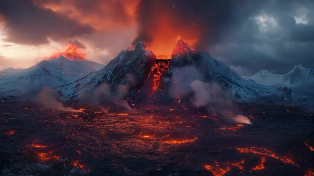 A game setting of landscape from 10,000 BC with volcanoes and lava. Risky dramatic land due to active or inactive volcanoes and lava flows. Features lavic stones spewing out of molten lava and ash.