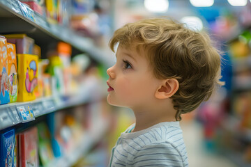 Thoughtful Child Exploring Colorful Toys in Store Aisle – Perfect for Shopping and Retail Promotions