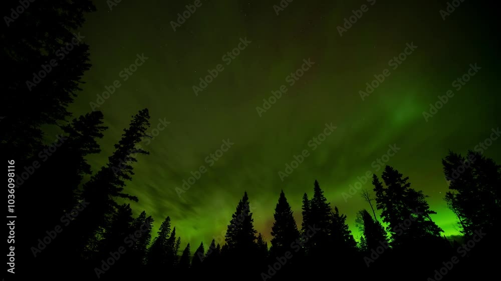 Wall mural night sky with multicolored aurora and moody clouds in this timelapse.
