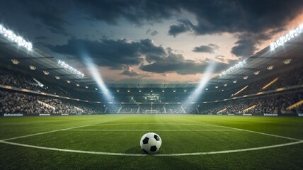 Night Football Stadium: A dramatic, cinematic view of a soccer ball on the center spot of a massive stadium under dramatic night lighting.  Ready for kickoff. 