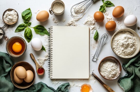 Baking prep with eggs and flour on a rustic table, featuring a blank notebook and tools