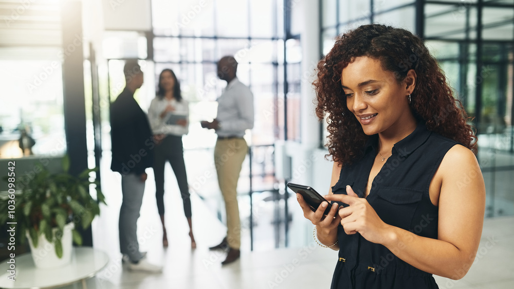 Aufkleber Office, businesswoman and scroll with smartphone for chat, text message and connection for communication. Workplace, female person and employee with mobile app for notification, salary alert or happy