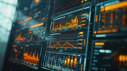 Obraz premium a close up of a computer screen with a chart on it and a blue background with orange and yellow bars