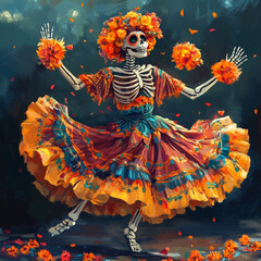 calaverita che balla tra i fiori arancioni