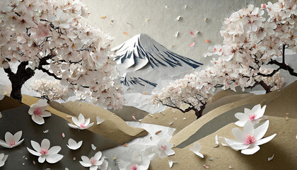 cherry blossom in spring with mountain  paper art