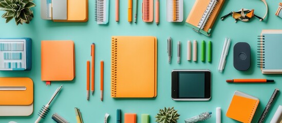 Flat lay of various school supplies, including notebooks, pens, pencils, and a tablet, on a teal background.