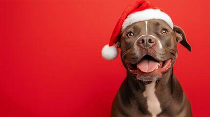 dog wearing santa claus hat isolated on red background