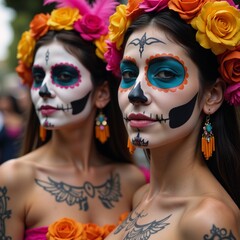 Obraz premium A lively celebration of Da de los Muertos showcases bold and colorful skull-faced women as Calaveras Catrinas at a cultural event inspired by traditional tattoos