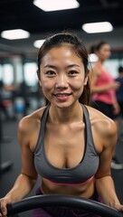 Fototapeta premium Young Japanese female engaged in fitness within gym setting perspiring and unaware of camera