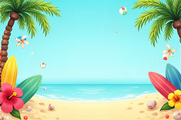 Vibrant tropical beach scene with palm trees and colorful surfboards with copy space