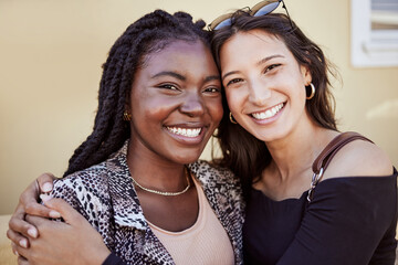 Friendship hug, students and portrait in city with happiness, sisterhood bonding and travel. Women,...