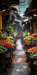 Vibrant produce fills a market aisle.