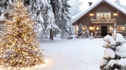 A charming house features glowing garlands on its eaves, surrounded by a blanket of snow in a serene winter setting