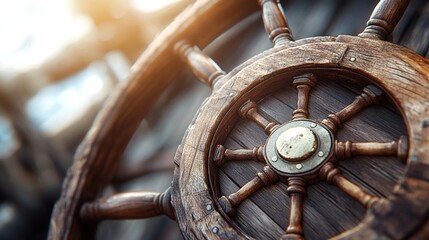 A close-up of a ship's wooden steering wheel.