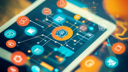 A tablet surrounded by icons shows how businesses can manage their customer relationships. It's a digital tool that helps with marketing, sales, and customer service,making things more efficient "CRM"