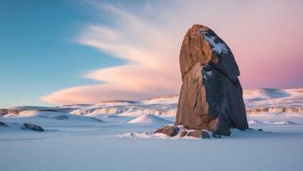 Frozen landscape with natural rock formation.