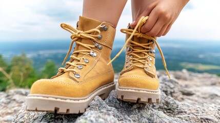 Naklejka premium Nahaufnahme der Schnürung von Wanderschuhen auf einem Rocky Mountain Trail für Outdoor-Abenteuer