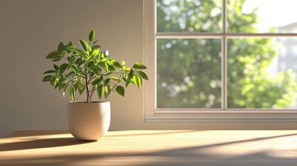 Fototapeta premium A tranquil workspace with a green plant on a wooden desk bathed in natural light streaming through a window