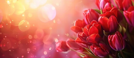 Flowers A Bouquet Of Red Tulips Blurred Background