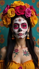 Obraz premium Boldly colored Dia de los Muertos festival featuring fierce and festive Calavera skull-faced women in a traditional Mexican style that exudes both beauty and horror as if they were tattoos