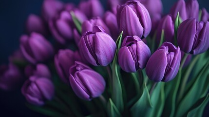 Stunning close up of a bouquet featuring purple tulips perfect for showcasing beauty and elegance with ample copy space