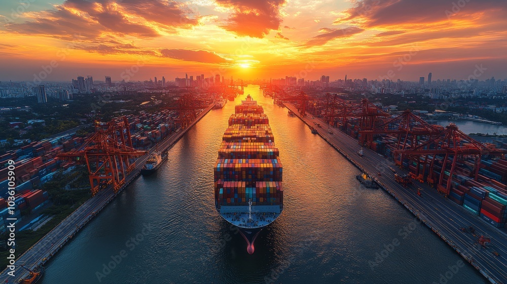 Poster a large container ship moves through a bustling port as the sun sets, casting an orange glow on the 