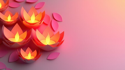 Pink Diwali banner with soft glowing diyas, vibrant rangoli, festive lights, and elegant papercut style design