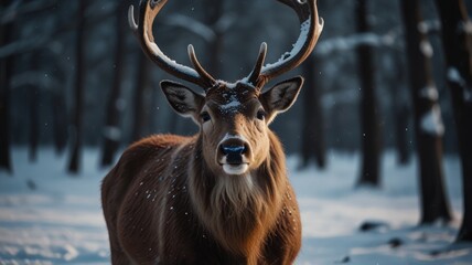 A majestic deer with large antlers stands in a snowy forest, looking directly at the camera. (2)