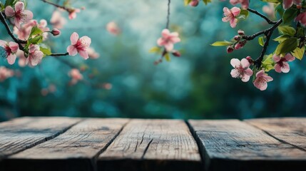 Wooden table with a spring themed backdrop