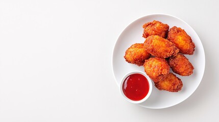 Crispy chicken wings with dipping sauce, white background, classic appetizer, perfect for sharing, minimal food presentation, comfort snack, party food, savory and delicious

