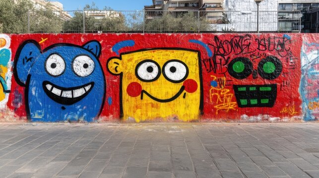 Lebendige Graffiti-Kunst: Bunte Comicfiguren auf einer Stadtmauer