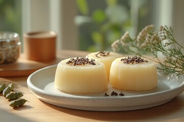 Three creamy desserts on a white plate, garnished with spices and tea leaves.