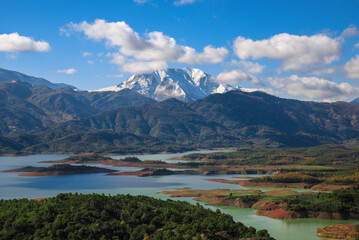 Beautiful lake with rocky mountains, forest and trees in background, Lake Between Forests And Mountain, Beautiful lake in mountains. reflection lake view. Mountain lake landscape, jijel algeria africa