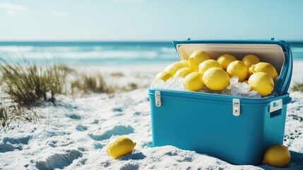 Open blue cooler filled with lemons and ice on sandy beach