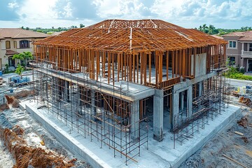 A new house under construction with wood framing.
