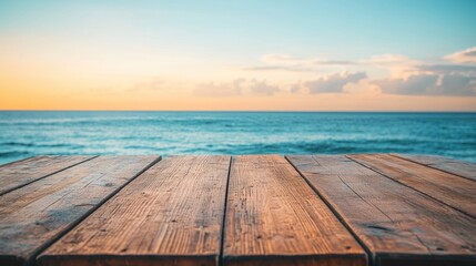 Fototapeta premium Close up view of a wooden table with a serene ocean backdrop