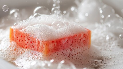 Fototapeta premium Red sponge submerged in soapy water surrounded by foam bubbles