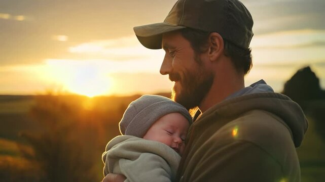 A man is holding a baby in his arms. The baby is wearing a hat and he is sleeping. The scene is peaceful and heartwarming, showcasing the bond between a father and his child