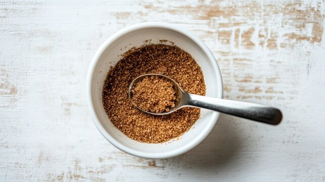 Measuring sugar and instant coffee powder with a tablespoon into a white bowl preparing for Dalgona coffee foam with an overhead close up of the sugar and coffee mixture